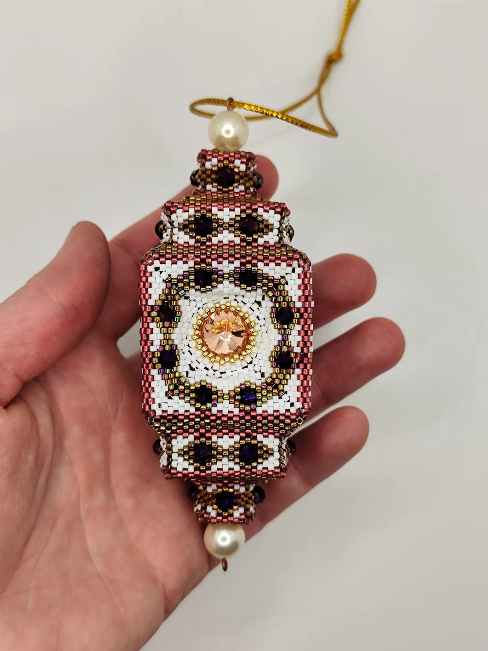 Beaded  Ornament in White, Rose Gold & Black